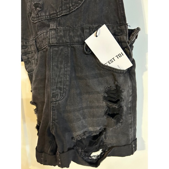 NEW Cest Toi Black Label Denim Distressed Overall Bib Shorts Womens Small Y2K - Picture 3 of 9